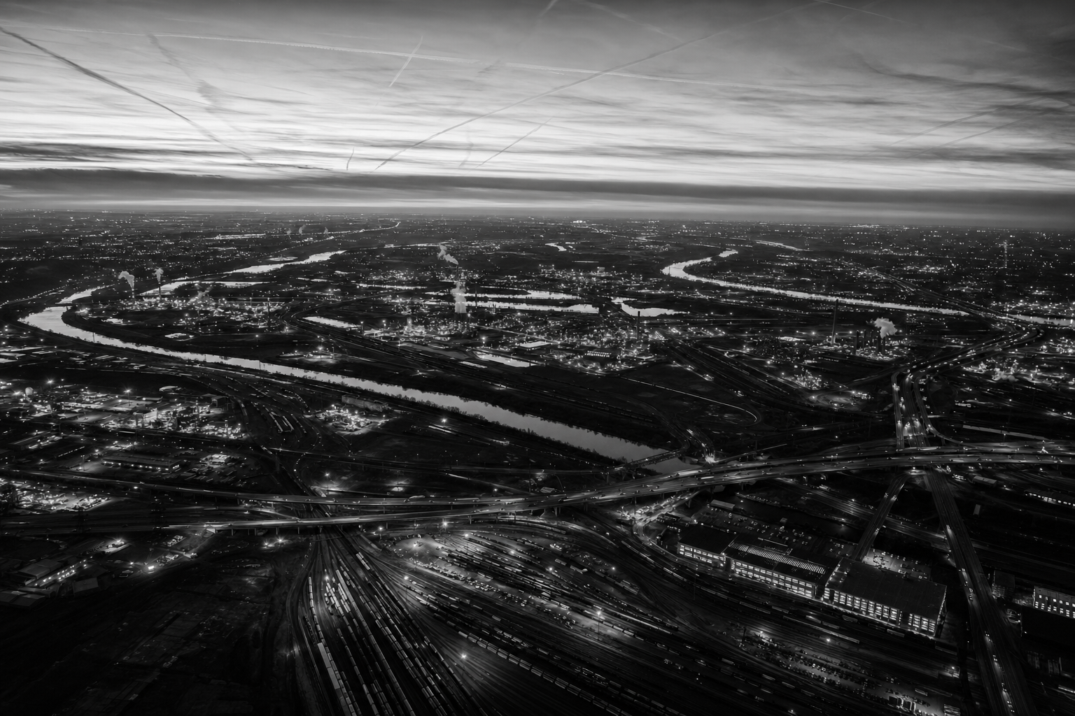 Aerial view of the American industrial heartland at dusk with rail yards, rivers, and highways
