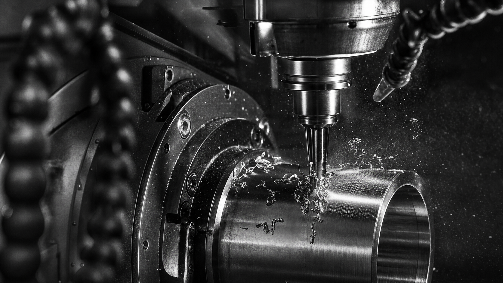 CNC machining bay cutting a titanium suppressor body with coolant mist