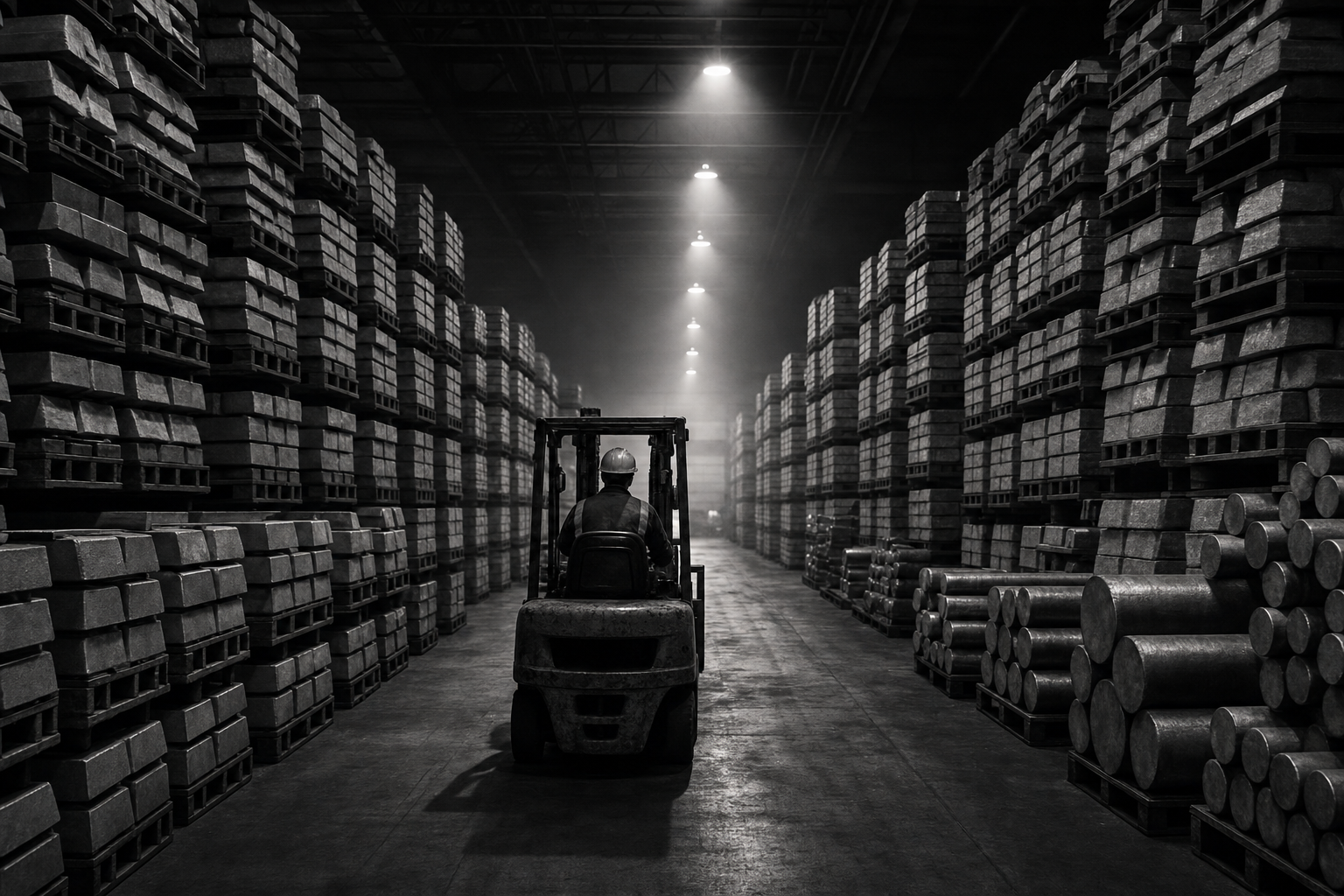 Warehouse of tungsten and refractory ingots stacked on pallets