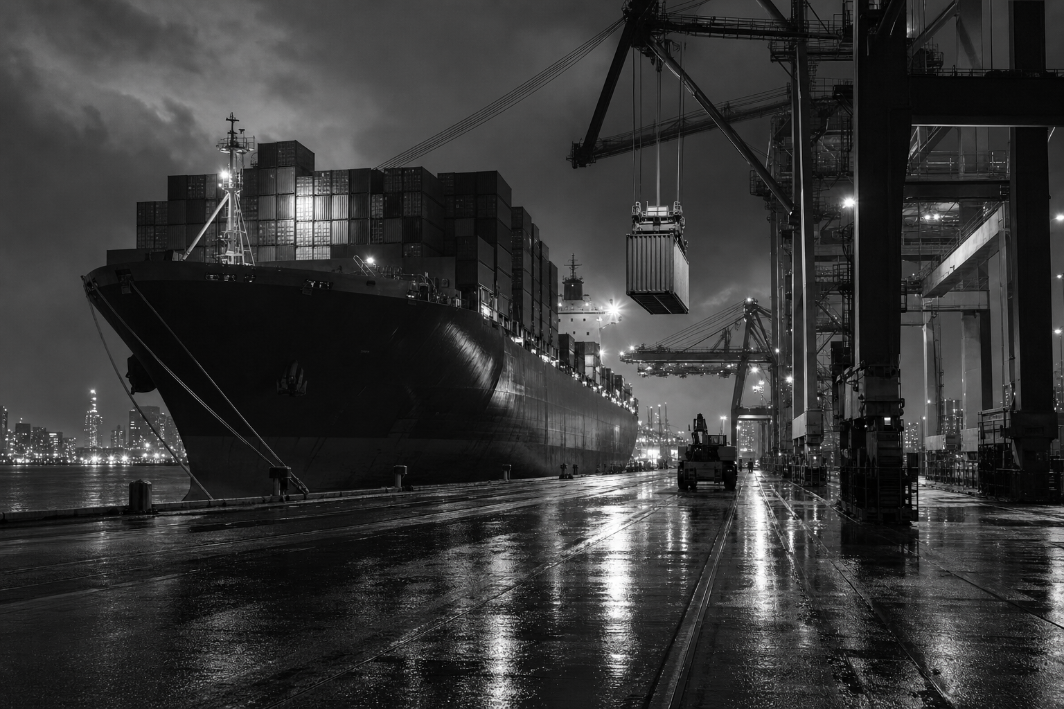 Rain-slick container port at night with loading crane and departing ship