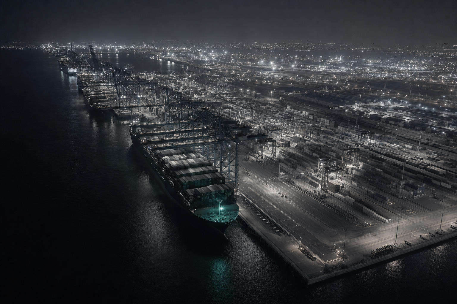 Aerial night view of a major American container port